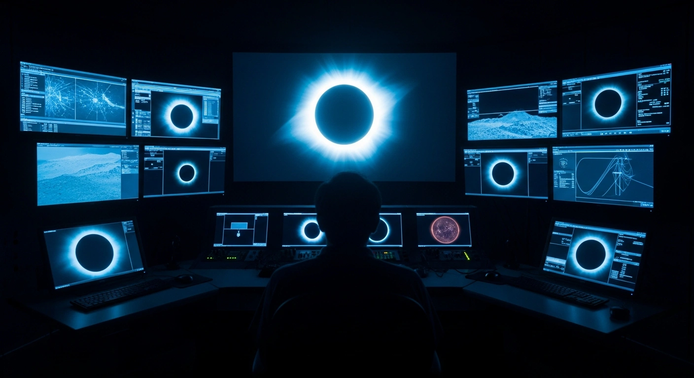 A researcher watches a live digital broadcast of a total solar eclipse on a large screen inside a dark observatory control room.