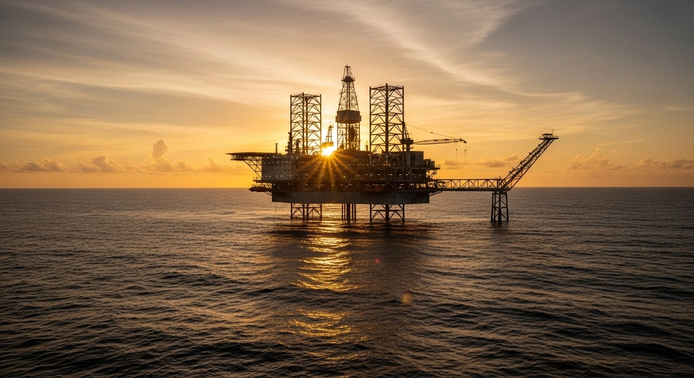 A dramatic wide shot of a massive offshore oil rig at sunrise, with golden light illuminating its structure against the Atlantic Ocean, symbolizing Brazil's record crude oil output and the significant contribution of its pre-salt fields and offshore operations.