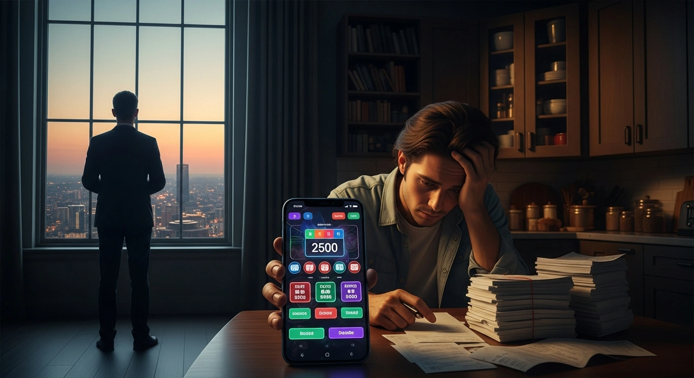A person looks at a smartphone displaying online gambling apps while sitting at a table with unpaid bills, representing the Brazilian government's efforts to regulate digital betting.