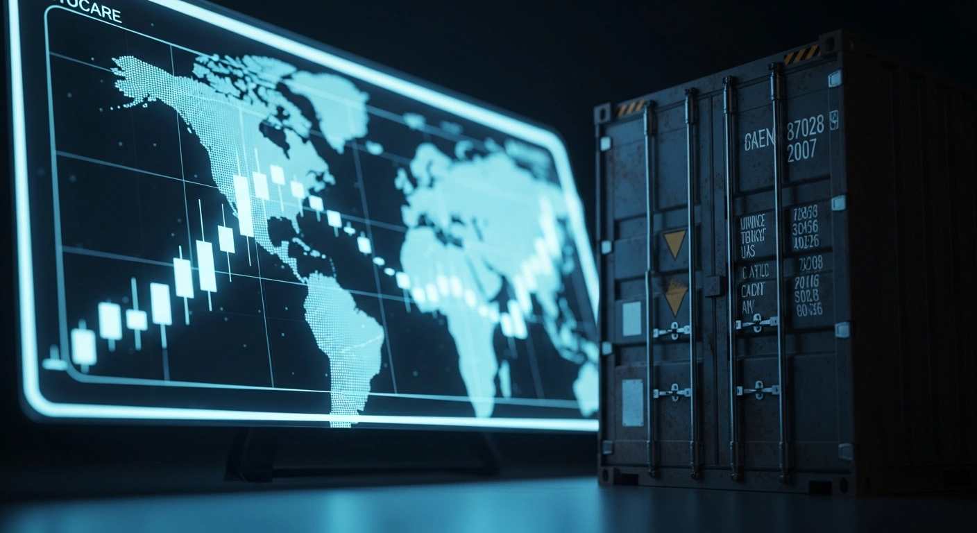 A digital financial interface is displayed next to a shipping container, representing the economic tension between United States trade tariffs and Brazil's Pix payment system.