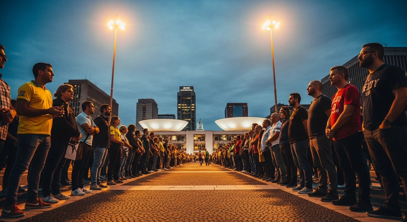 A diverse crowd of people in a Brazilian public square stands divided, representing the polarized public opinion of President Luiz Inacio Lula da Silva's administration.