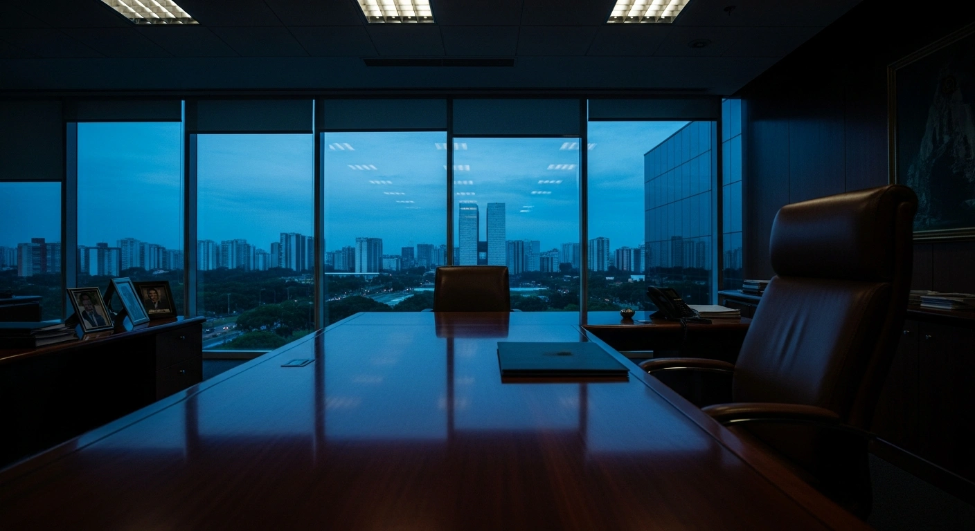 An empty office chair in a dimly lit room overlooking the Brasília skyline, representing the ongoing political speculation surrounding the Liberal Party and the future of Brazilian leadership.
