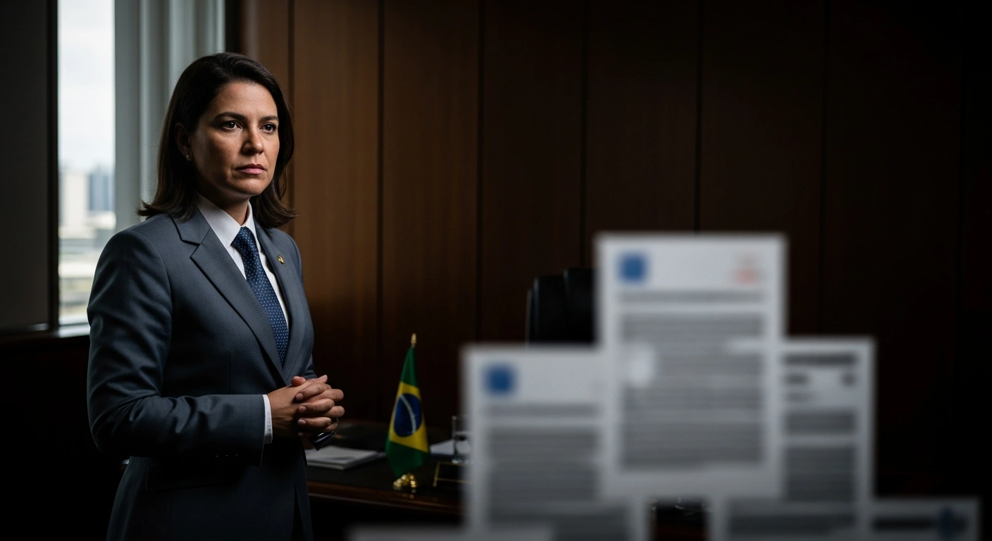 A Brazilian government official stands in a formal office in Brasilia to express opposition to a trade investigation initiated by the United States.
