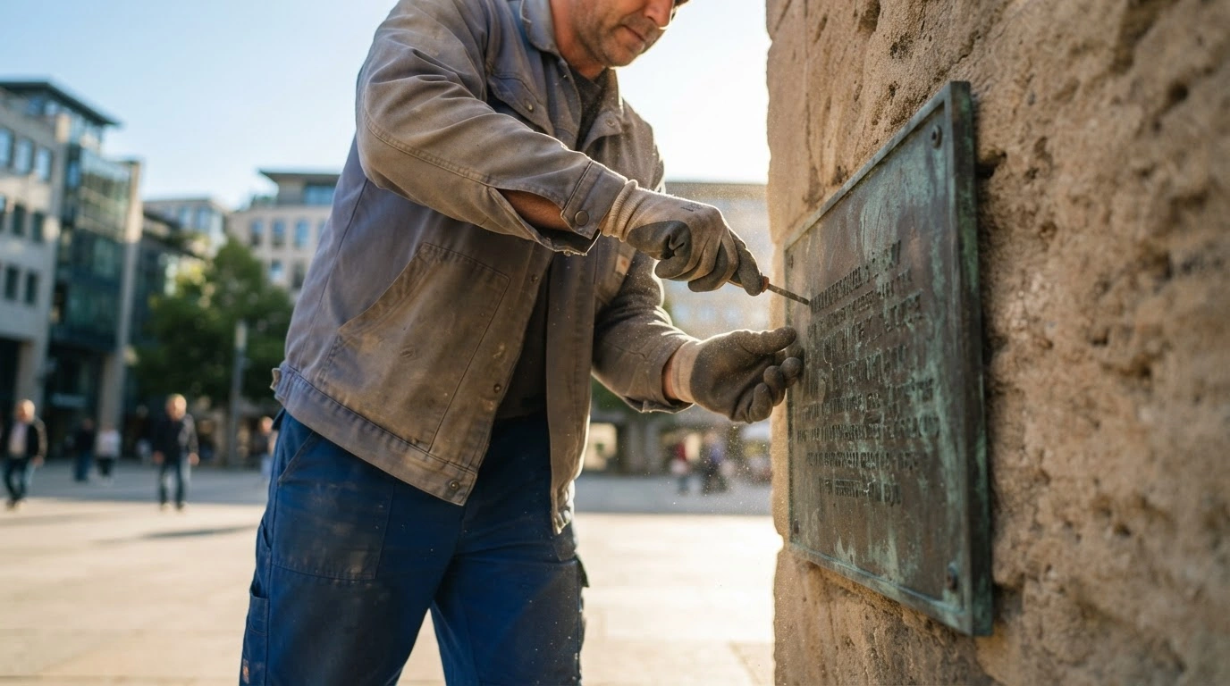 A worker removes a historical plaque from a wall in a public square as part of the Brazilian Federal Public Ministry initiative to address tributes to the military dictatorship.