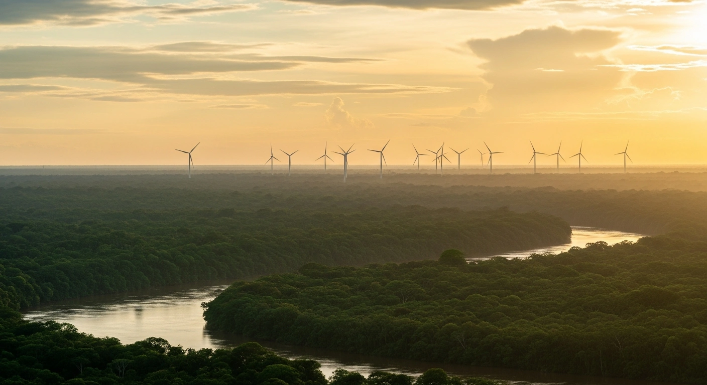 A wide, cinematic shot of the Amazon rainforest at golden hour, featuring modern wind turbines on the horizon and a flowing river in the foreground, visually representing Brazil's strong renewable power system and its emerging role as a global energy leader, as detailed in the IEA's 'Brazil 2025' report released during COP30.