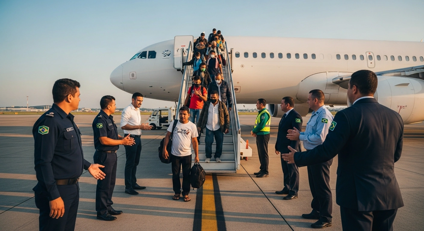Brazilian nationals repatriated from the United States are welcomed by officials from Brazil's Ministry of Human Rights and Citizenship at Belo Horizonte/Confins Airport as part of the 'Aqui é Brasil' repatriation program.