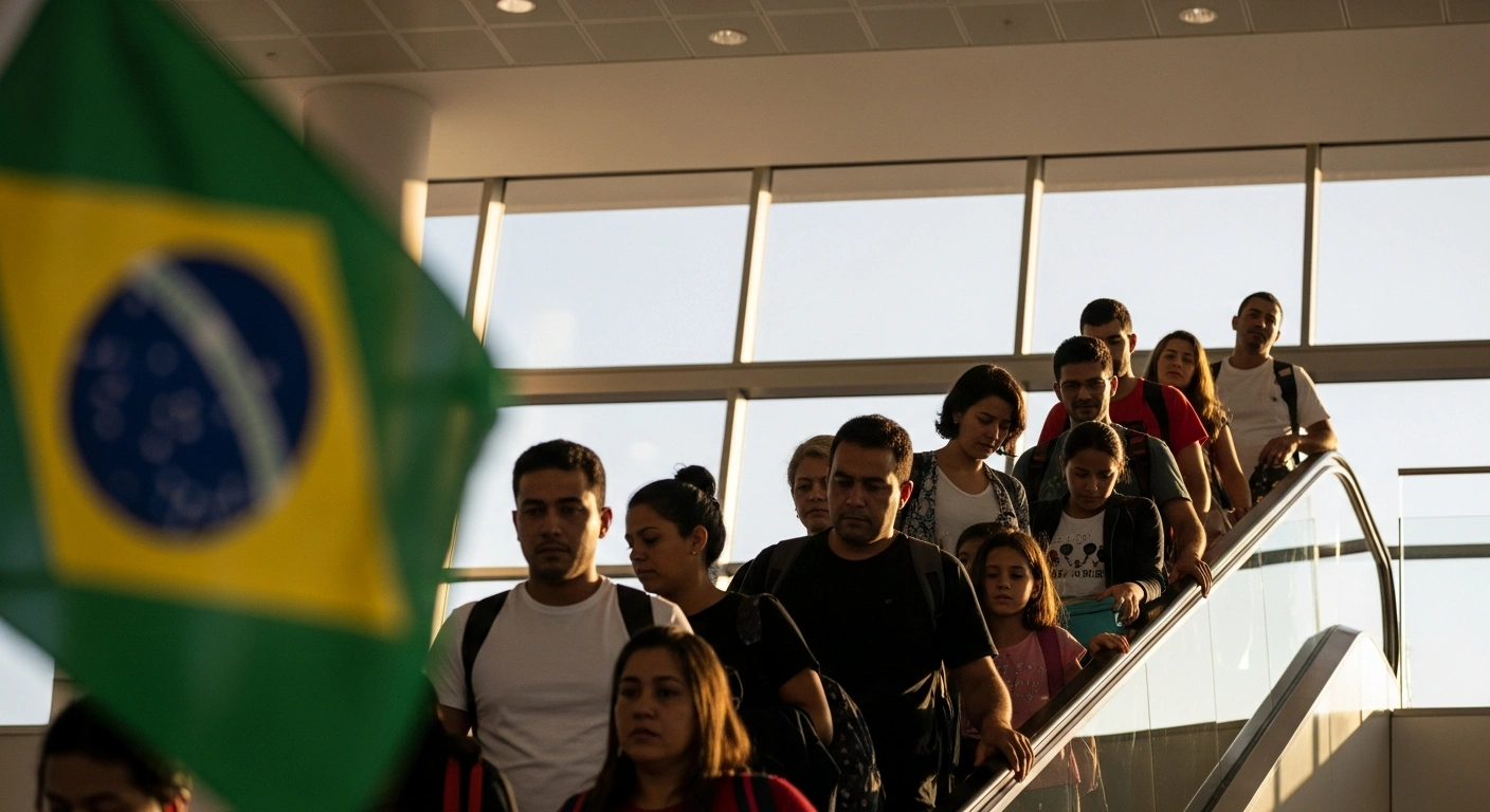 A group of Brazilian nationals, including families, arrive at an airport in Belo Horizonte, Brazil, after being repatriated from the United States as part of the 'Aqui é Brasil' humanitarian program coordinated by the Ministry of Human Rights and Citizenship.