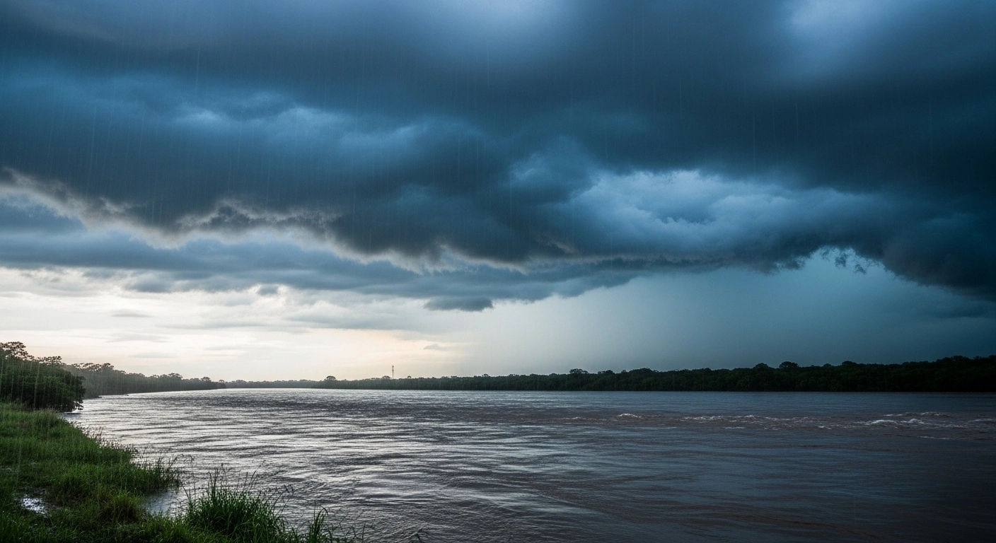 A severe storm system brings heavy rain and potential flooding to the landscape of Rio Grande do Sul in Brazil.