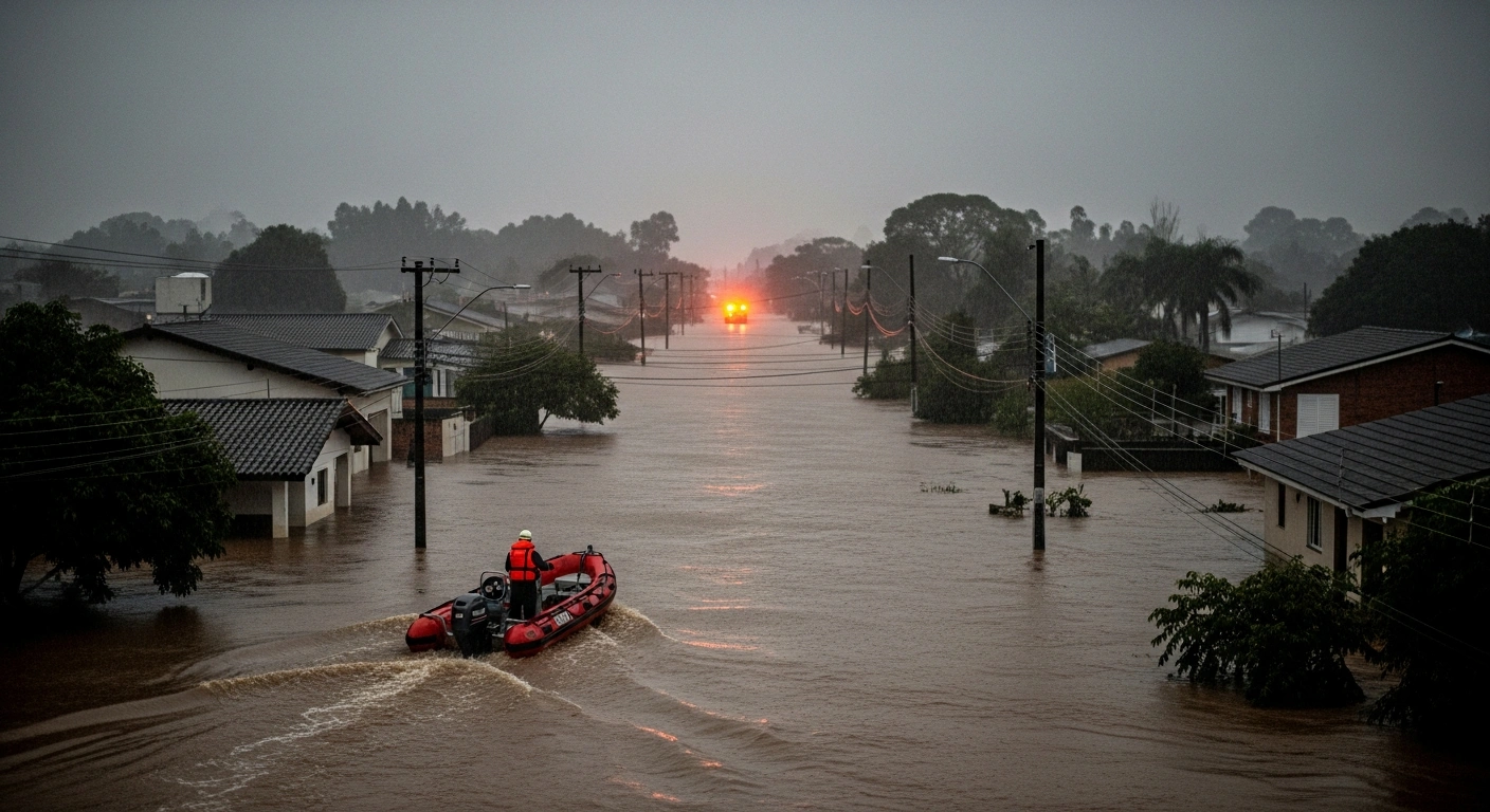 A rescue boat navigates through flooded residential streets in Brazil's Rio Grande do Sul state after the Uruguay River overflowed.