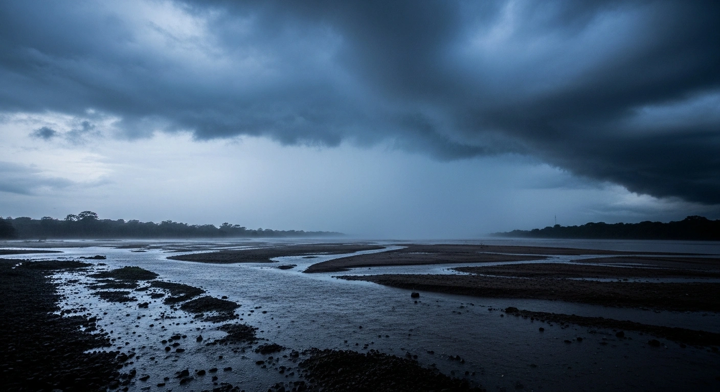 A rain-soaked landscape in Brazil's Rio Grande do Sul region under dark clouds as authorities monitor the area for potential flooding and geological risks.