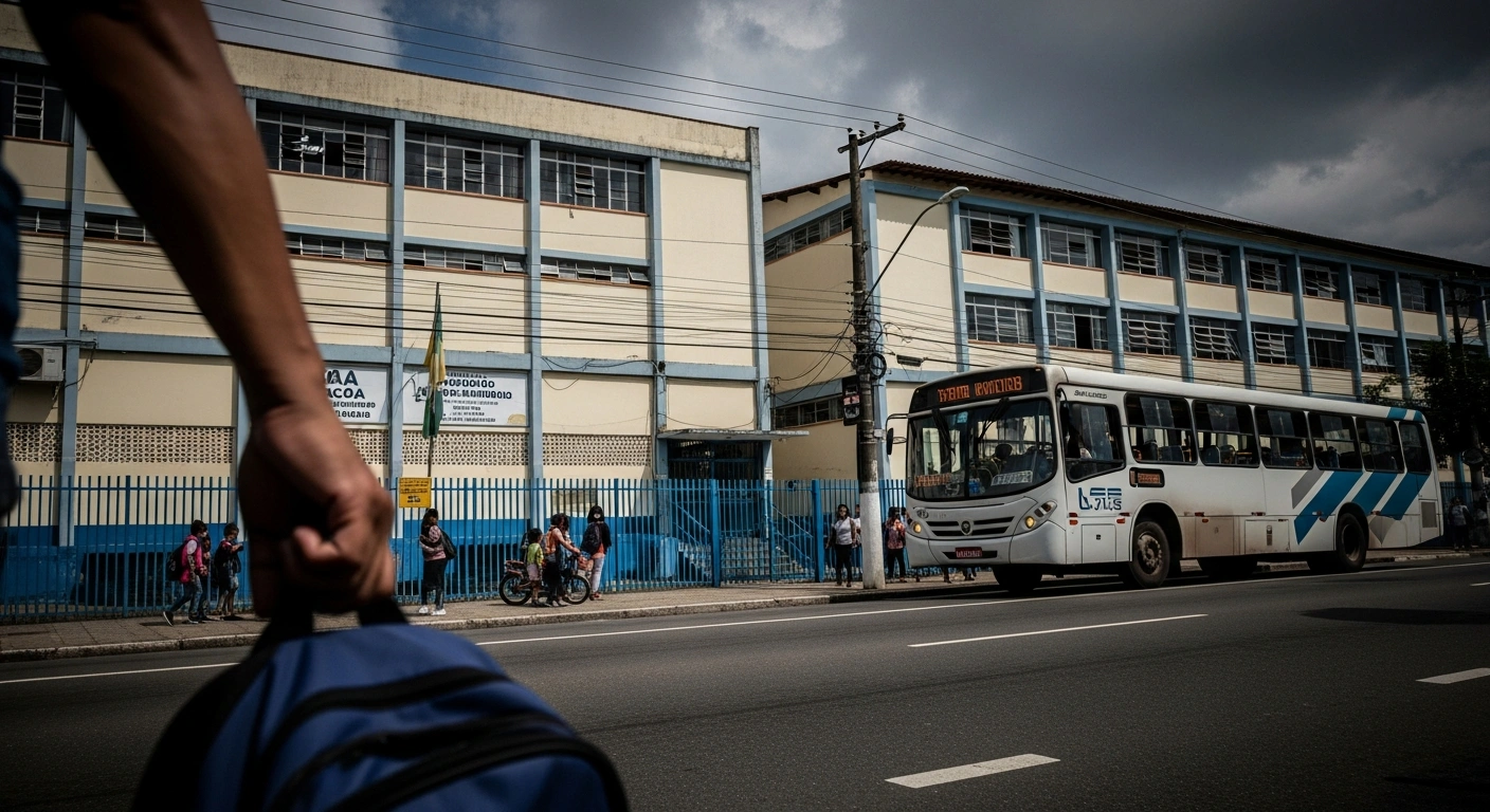 A wide, low-angle shot in a bustling Brazilian city shows a parent's hand clutching a child's backpack in the foreground, with a worn public school building and a local bus pulling away in the background, symbolizing rising education and transportation costs contributing to Brazil's mid-February inflation.