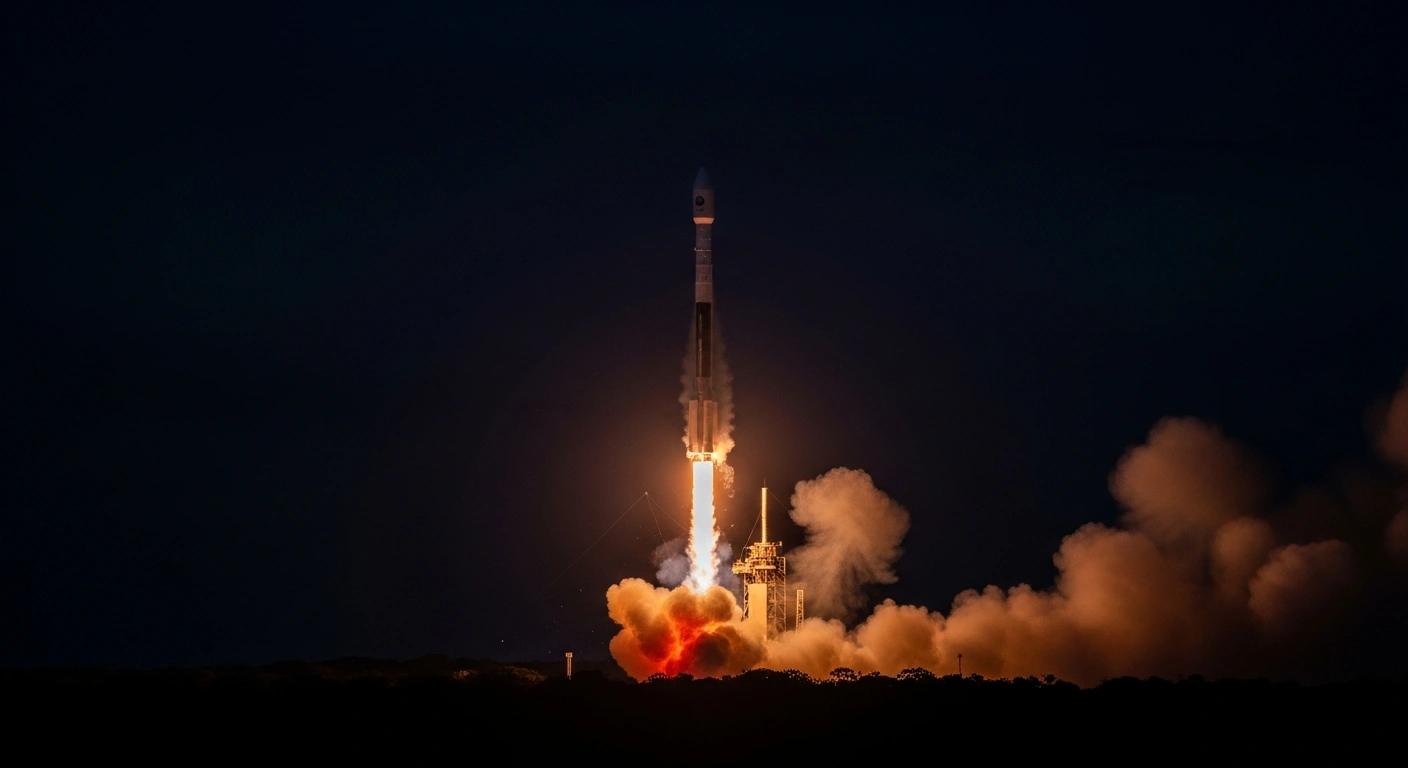 A South Korean-built HANBIT-Nano rocket, launched from Brazil's Alcântara Space Center, is depicted failing shortly after liftoff at night, with an uncontrolled burst of orange and red flame erupting from its lower section against a dark sky, signifying the failure of the Innospace 'Spaceward' mission.