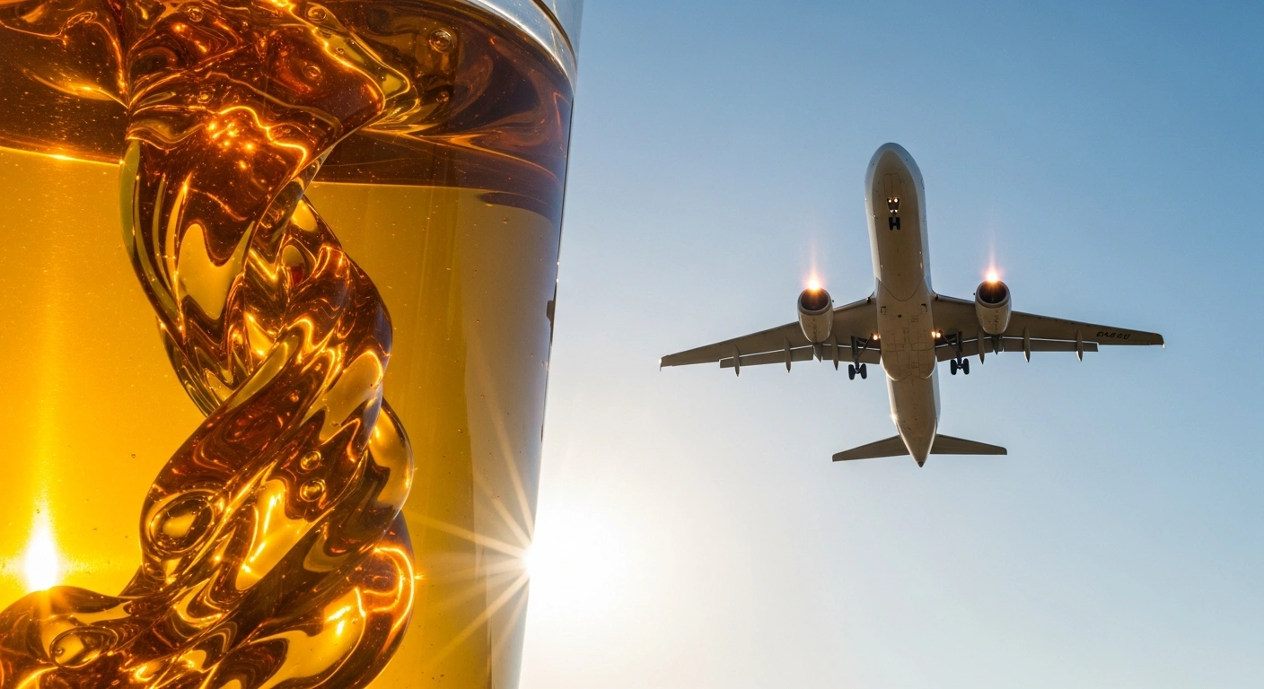 A cinematic image shows golden, viscous used cooking oil swirling in a transparent, futuristic container in the foreground, with a modern jetliner ascending into a clear sky over a lush Brazilian landscape in the background, representing Brazil's policy to import UCO for Sustainable Aviation Fuel production and aviation decarbonization.
