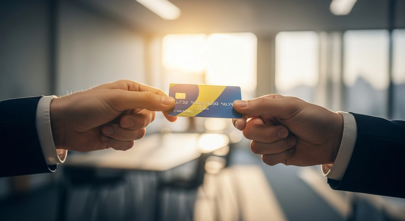 A person holds a banking card in a professional office setting to represent the Brazilian government's abono salarial salary bonus payment for eligible workers.