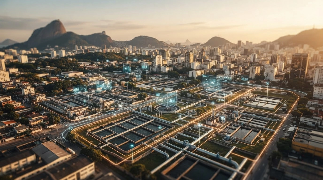 A digital visualization of Brazil's urban sanitation infrastructure integrated with data networks to represent the national goal for universal water and sewage coverage.