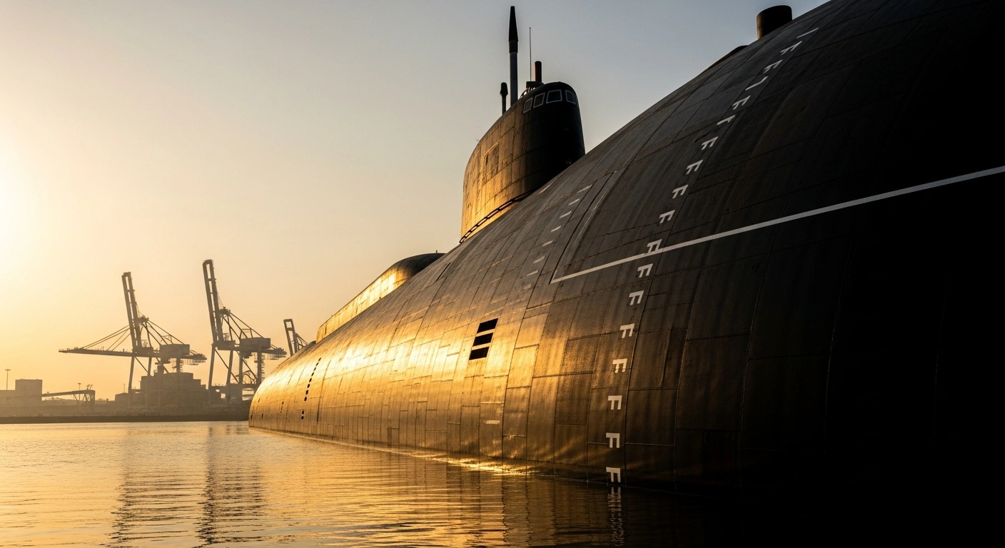 A large, sleek, dark grey Scorpène-class submarine is seen at dawn, either being delivered or launched into calm waters at the Itaguaí Naval Complex, with industrial cranes silhouetted in the background, symbolizing Brazil's naval modernization and the success of the PROSUB program.