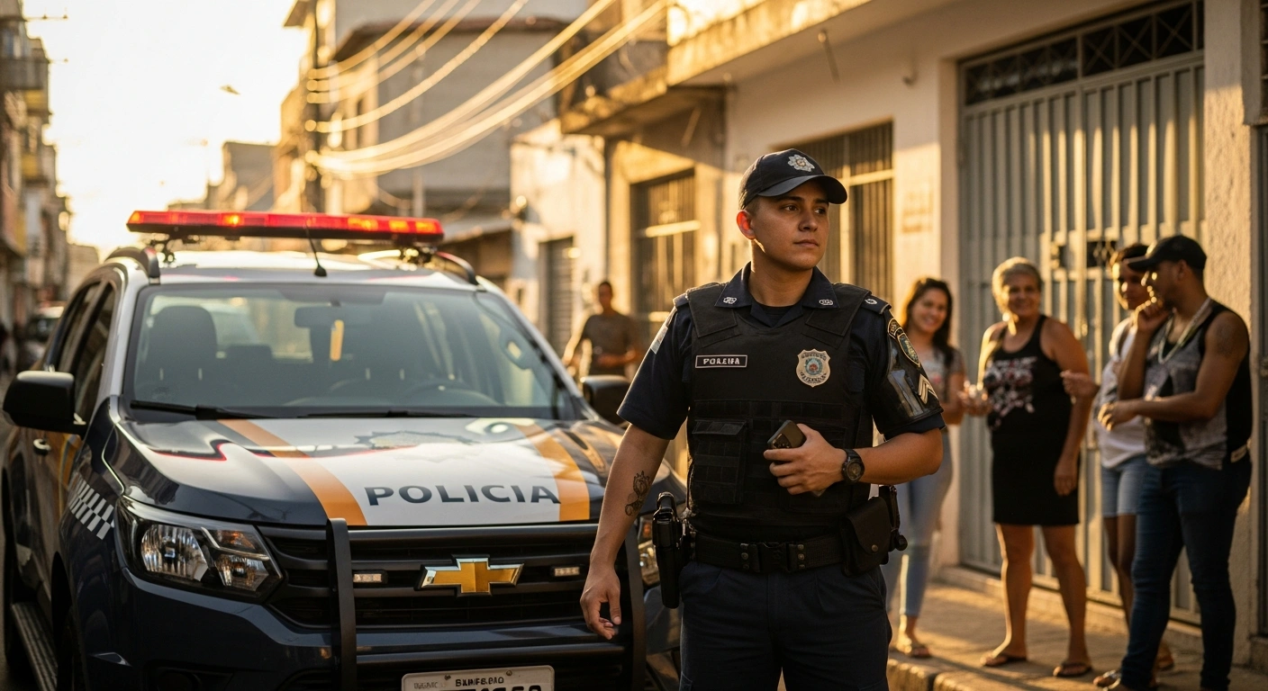 A Brazilian police officer stands in an urban neighborhood as part of the new government security initiative to curb organized crime.