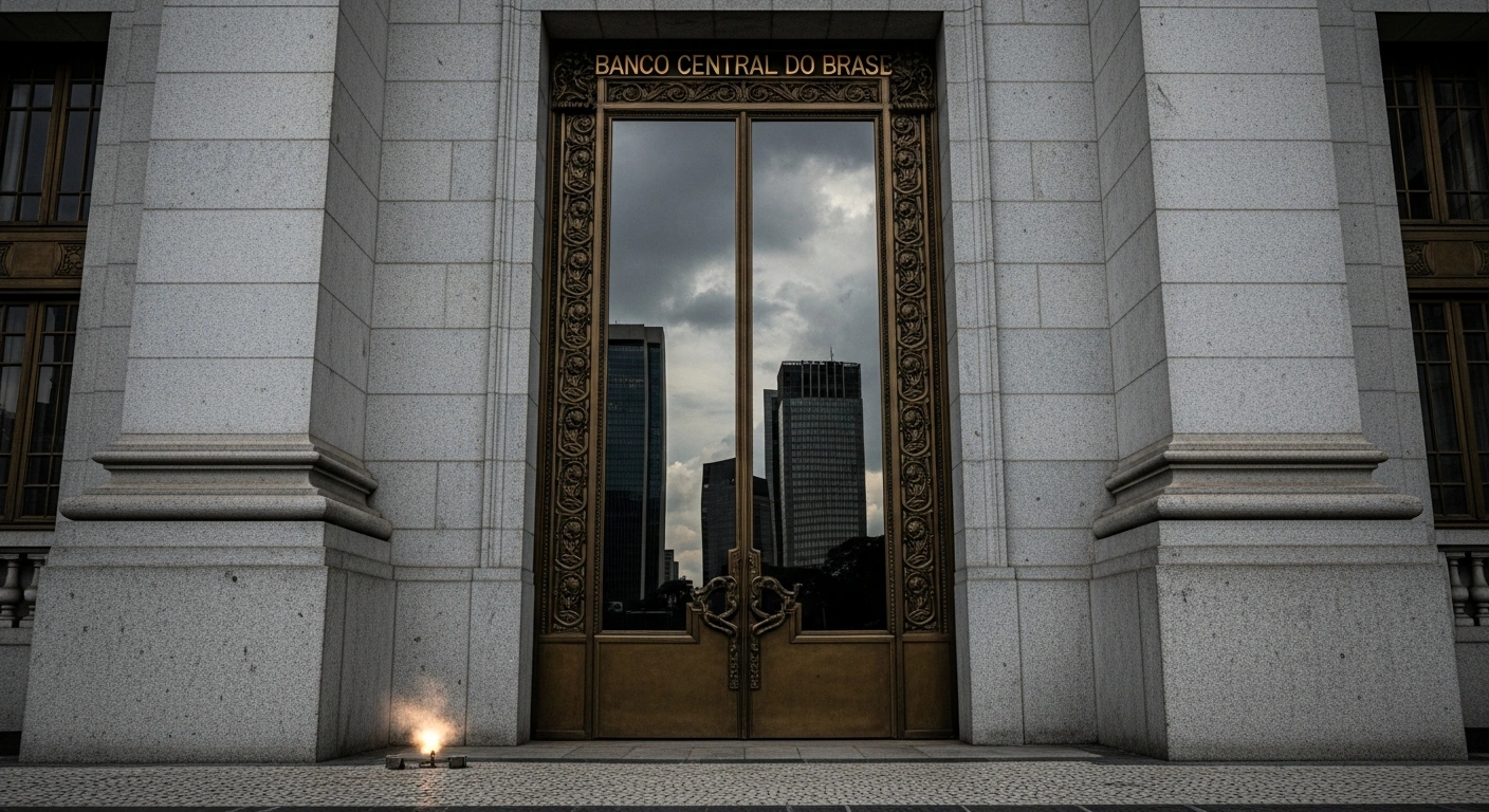 An imposing, neoclassical building, representing the Banco Central do Brasil, stands under an overcast sky with a firmly shut bronze door reflecting a shimmering city, visually symbolizing the central bank's decision to maintain its benchmark Selic interest rate at 15% for the third consecutive meeting, citing persistent inflation, unanchored inflation expectations, and a resilient labor market.