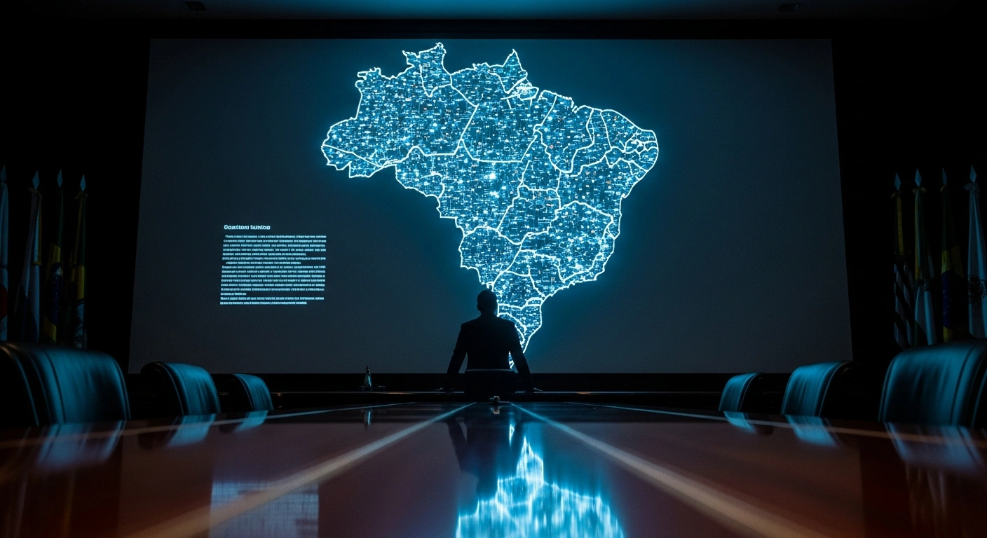 Brazilian President Luiz Inácio Lula da Silva stands in a dark office while overseeing a digital map representing new governmental regulations for social media platforms in Brazil.