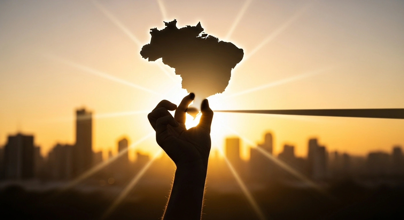 A stylized image depicts a strong hand lifting a glowing map of Brazil against a sunrise, symbolizing the nation's 'Brasil Soberano' Plan to mitigate the economic impact of US tariffs, protect jobs, and open new international markets.