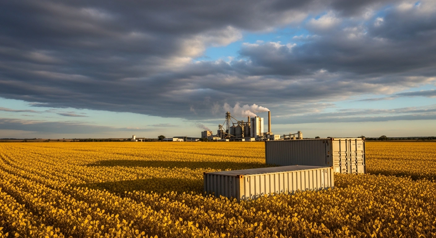 A wide shot of a vast Brazilian soybean field under an overcast sky, with a weathered, empty shipping container in the foreground and a modern soybean crushing facility in the mid-ground, illustrating a projected decrease in soybean exports due to increased domestic crushing capacity.
