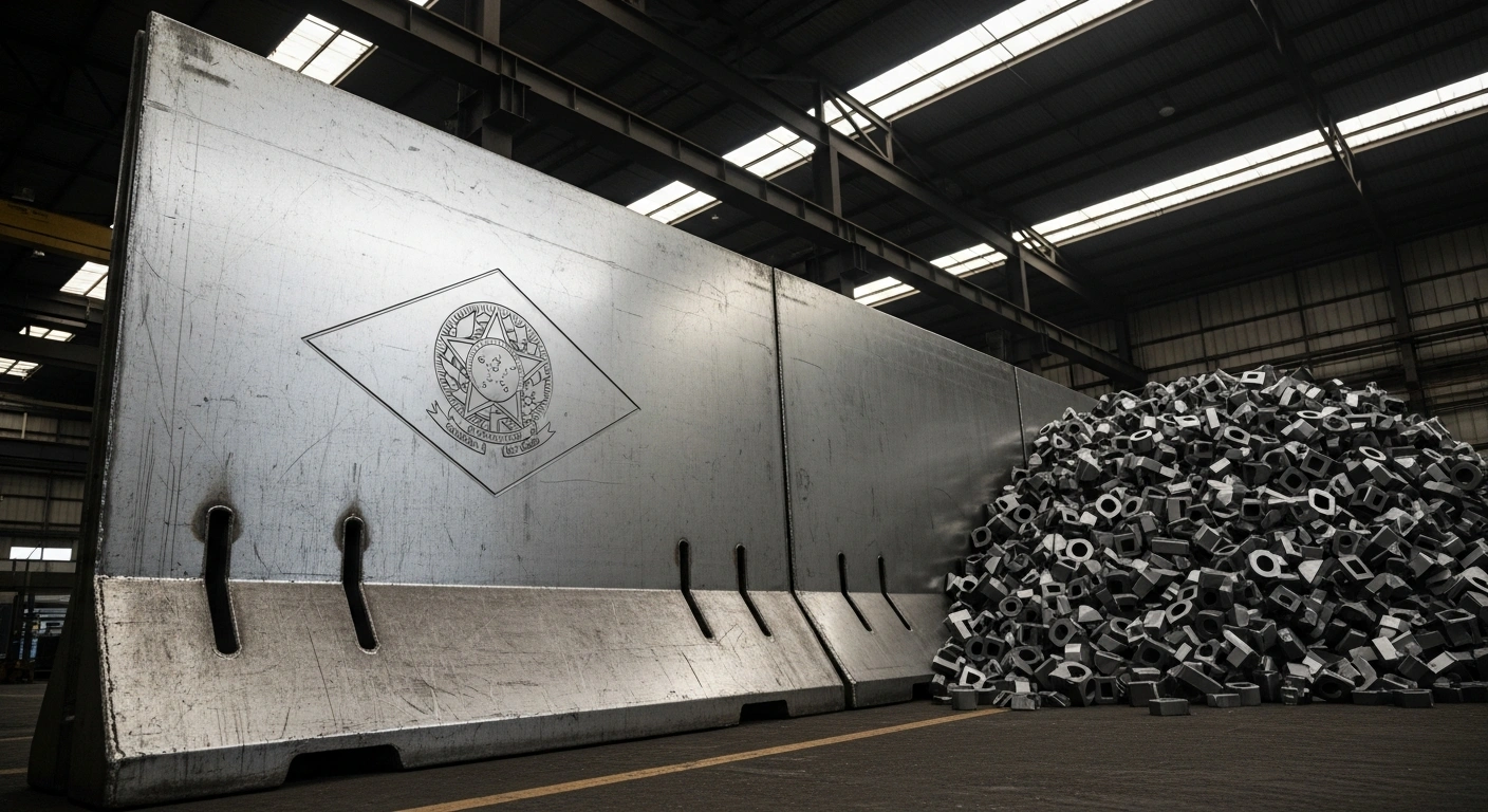 A large, gleaming steel barrier, subtly adorned with a Brazilian national motif, stands firm on an industrial factory floor, visually representing Brazil's anti-dumping tariffs protecting domestic steel producers from an encroaching pile of generic, unbranded steel products.