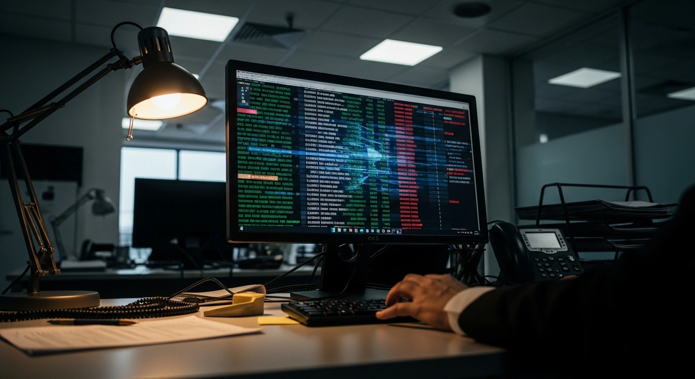 A close-up shot of a computer monitor displaying blurred financial data in a dimly lit office, symbolizing the investigation by Brazil's Supreme Federal Court into tax agency employees suspected of illegally leaking fiscal information.