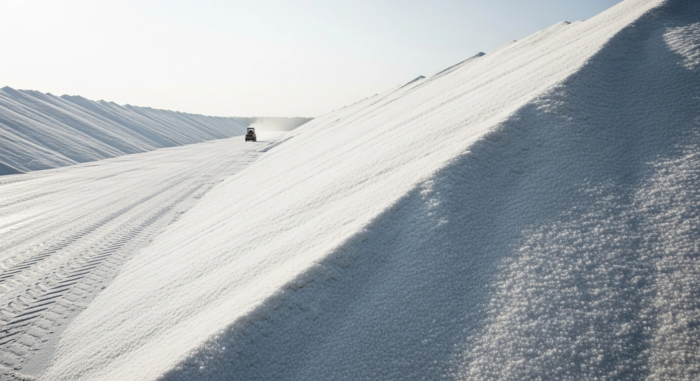 A vast mountain of refined white sugar, dwarfing a distant forklift, represents a global surplus of sugar following Brazil's increased production estimates and a shift towards sugar over ethanol.