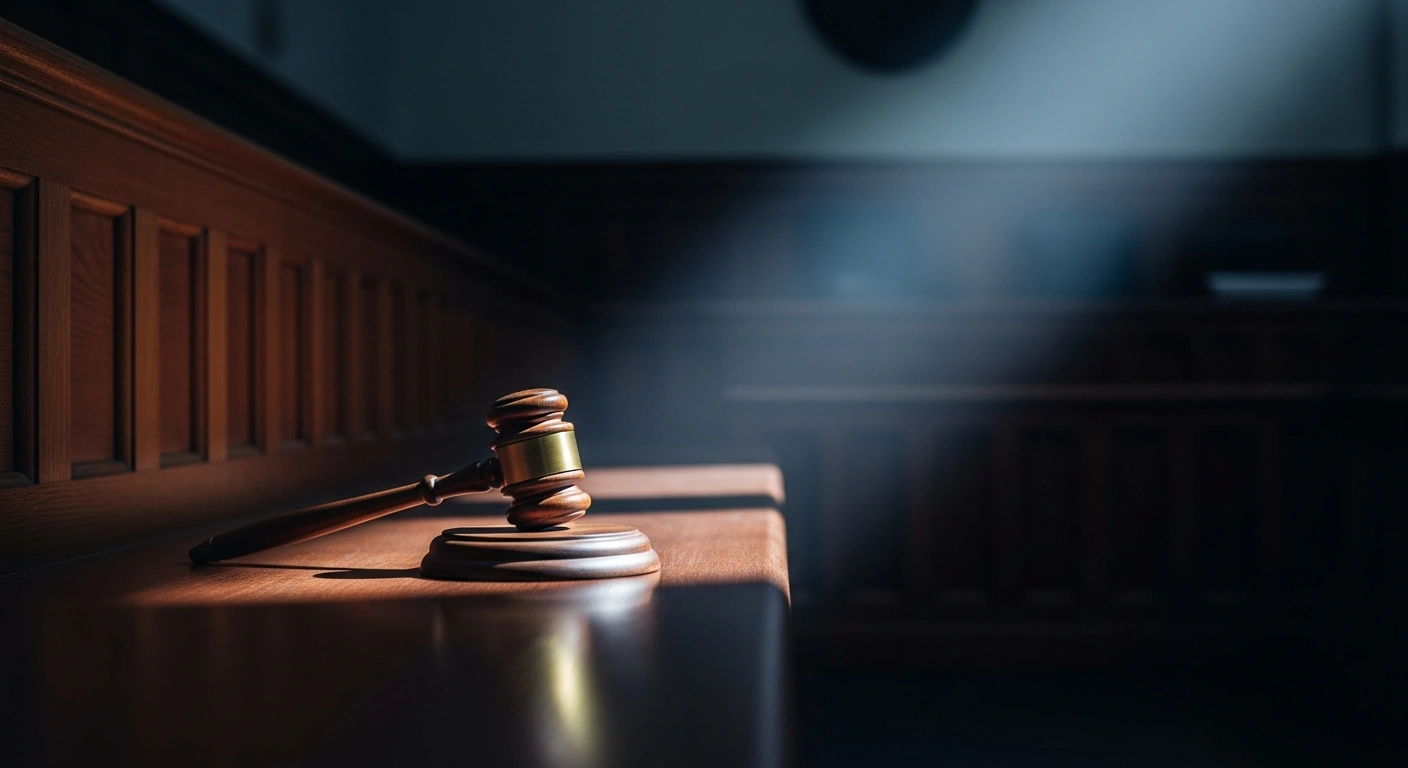 A wooden gavel sits on a dark bench inside the Brazilian Supreme Federal Court during a trial regarding the detention of Daniel Vorcaro's relatives.