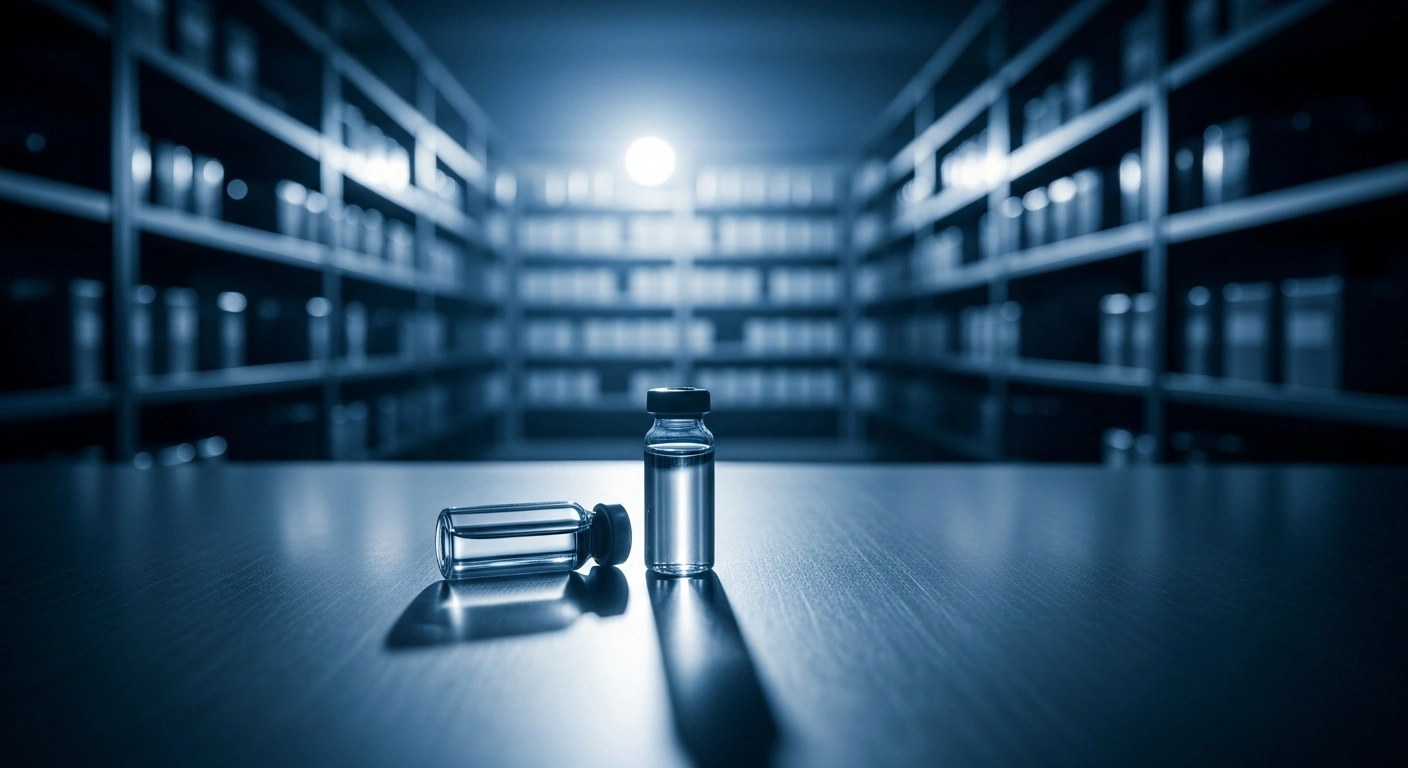 A single vaccine vial rests on a laboratory table as the Brazilian Ministry of Health suspends the distribution of the Butantan Institute dengue vaccine following safety concerns.