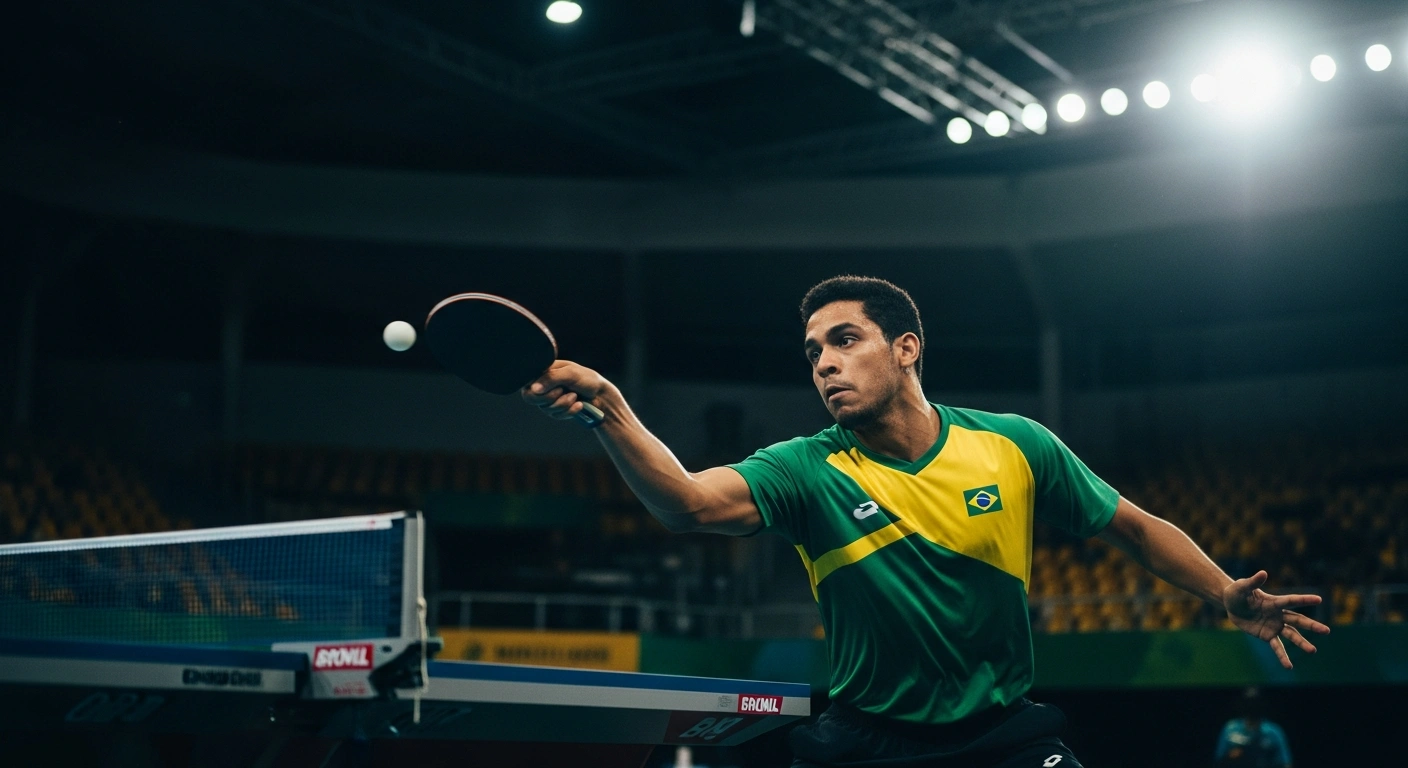 A Brazilian table tennis player competes in the ITTF World Team Championships after securing a victory to reach the quarterfinals.