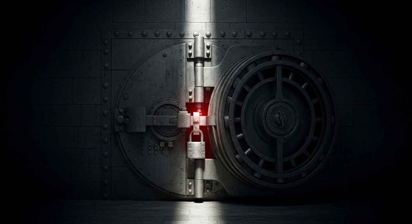 A monumental, ancient vault door, crafted from dark, weathered stone, is held firmly in place by a massive iron lock, with a faint red glow emanating from a barely perceptible crack, symbolizing Brazil's central bank maintaining its benchmark interest rate and tight monetary policy amidst economic uncertainties.