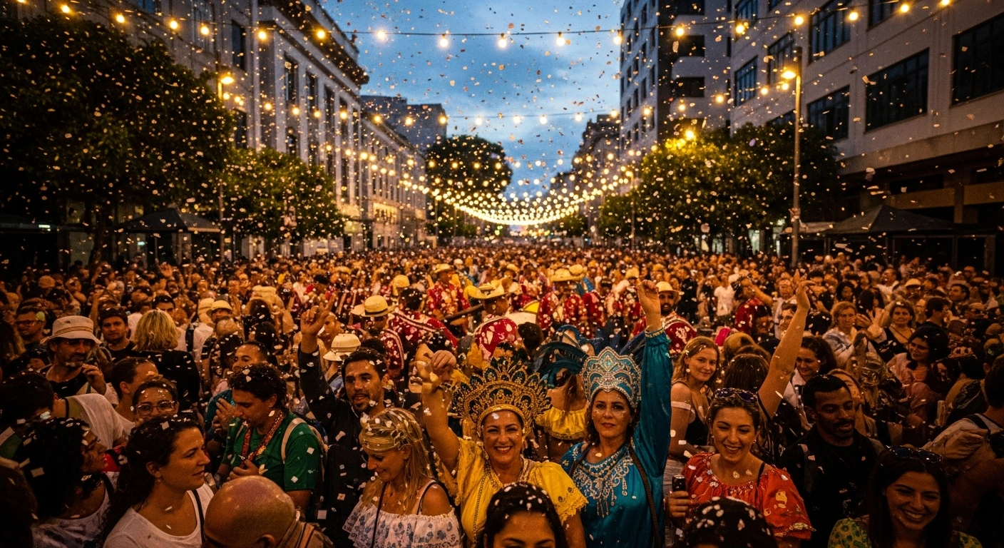 A vibrant, low-angle wide shot of a Brazilian street festival at dusk, filled with a diverse crowd of international tourists celebrating amidst string lights and confetti, symbolizing Brazil's ambitious goal to attract 10 million international visitors by 2026 through cultural events and improved travel.