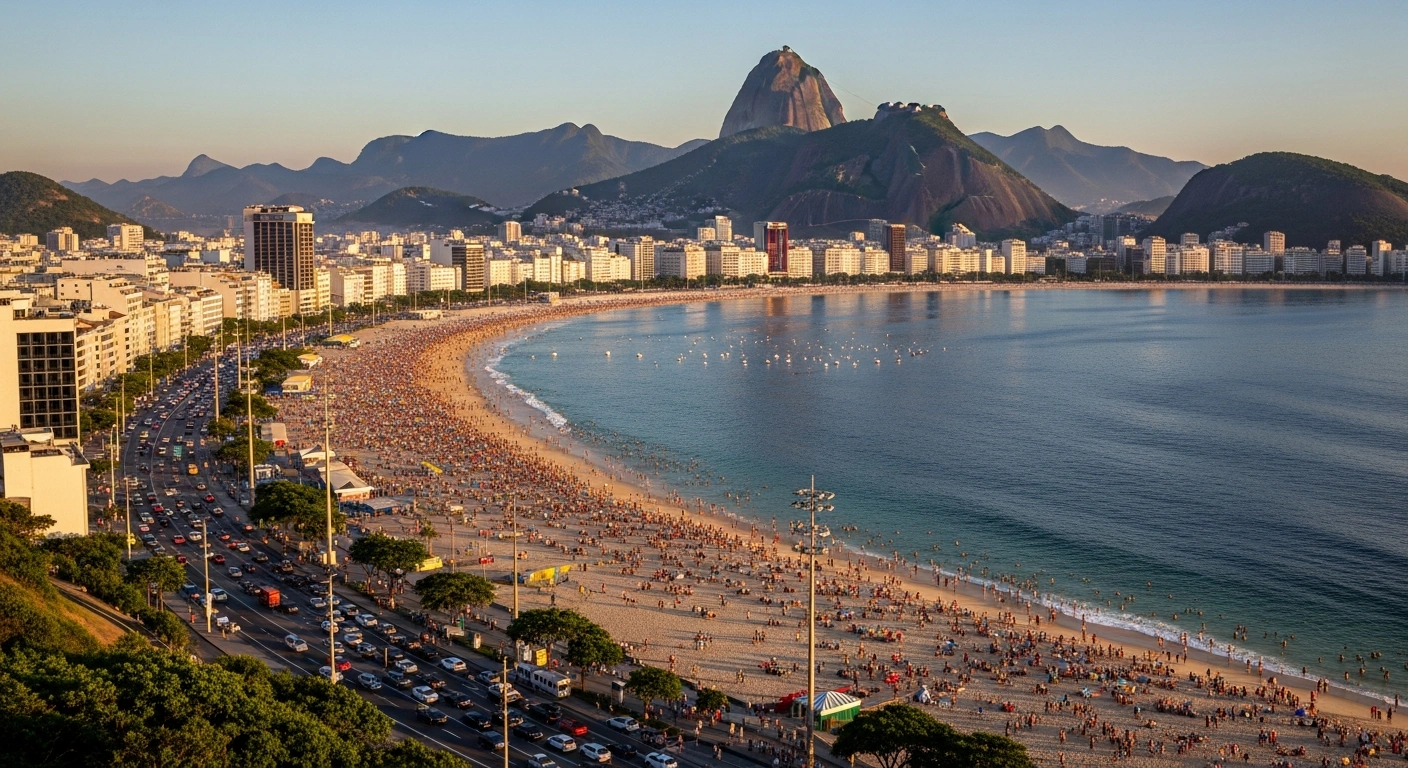 An elevated golden hour view of Copacabana beach in Rio de Janeiro, Brazil, bustling with a diverse crowd of international visitors, symbolizing the nation's unprecedented tourism milestone of 9 million international visitors and significant economic contribution.