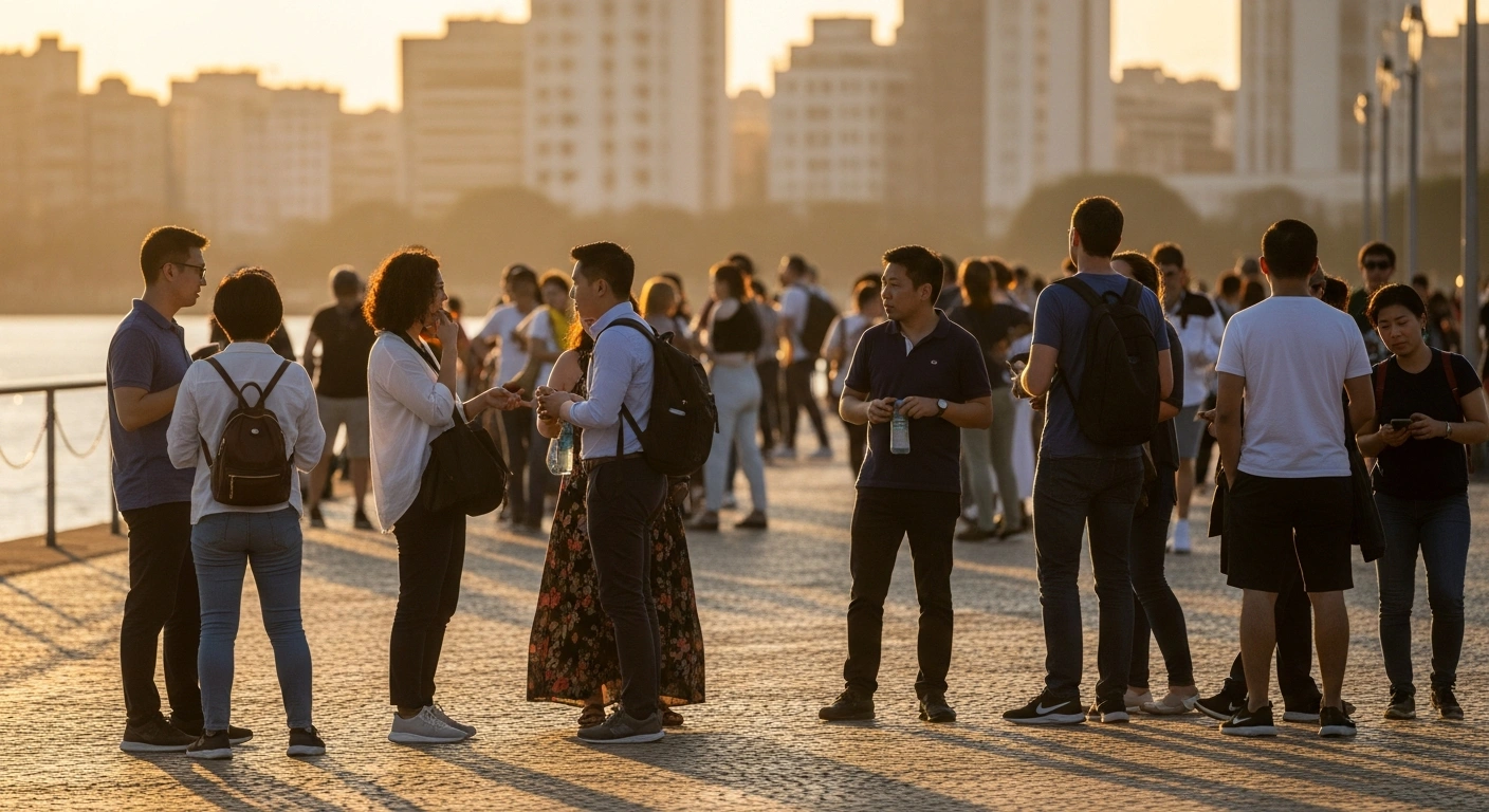 A wide, elevated shot during golden hour shows diverse international tourists, including those with Asian features, bustling on a vibrant promenade in Rio Grande do Sul, Brazil, symbolizing the record international tourist arrivals in January 2026 and increased interest from markets like China.