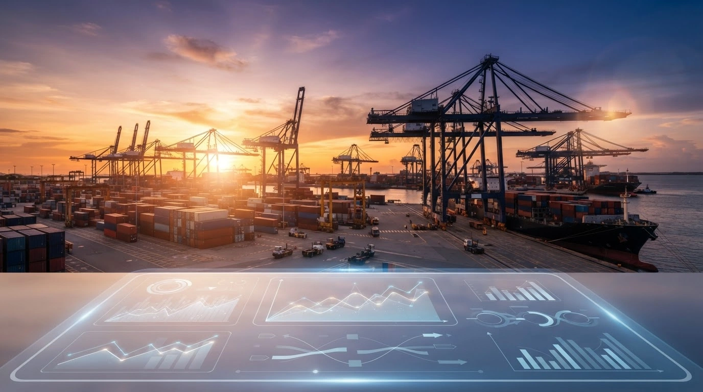 A busy Brazilian shipping port at sunset represents the latest trade balance data released by the Ministry of Development, Industry, Trade and Services.