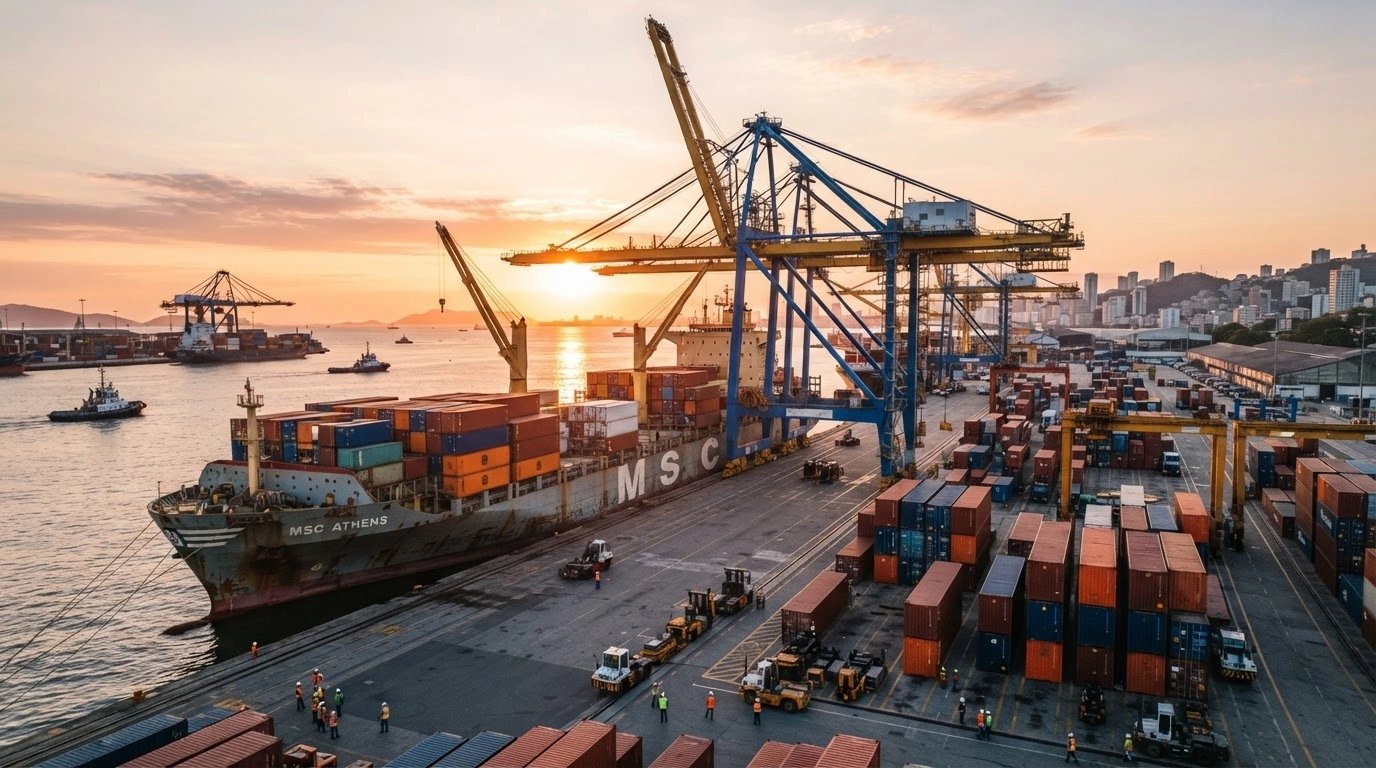 A busy Brazilian shipping port filled with containers and cargo ships represents the country's strong trade surplus and export performance.