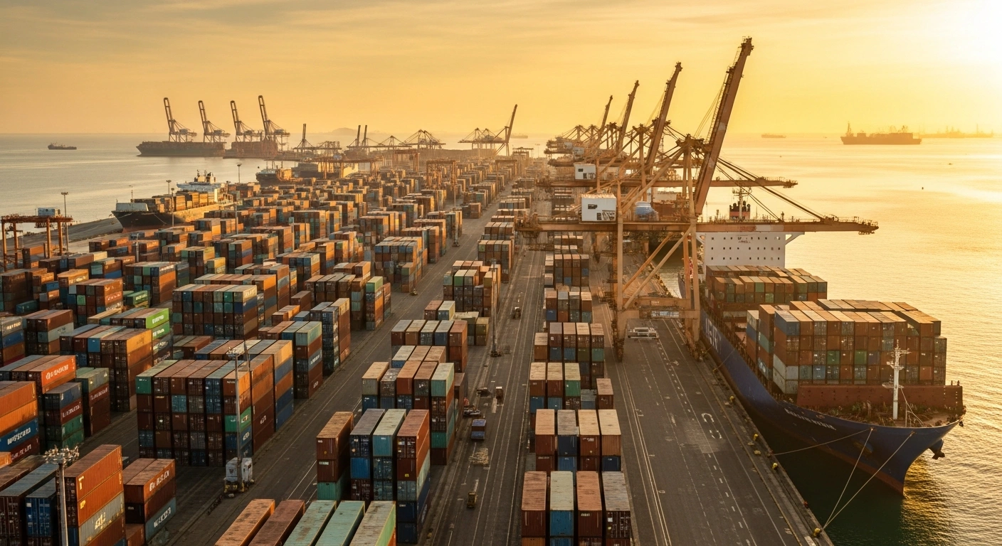 A wide-angle, dawn photograph of a bustling Brazilian port shows towering stacks of shipping containers and cargo ships laden with commodities, their bows facing east, symbolizing Brazil's record exports and strategic pivot towards Asian markets, contrasting with a less prominent western horizon representing declining trade with the United States.
