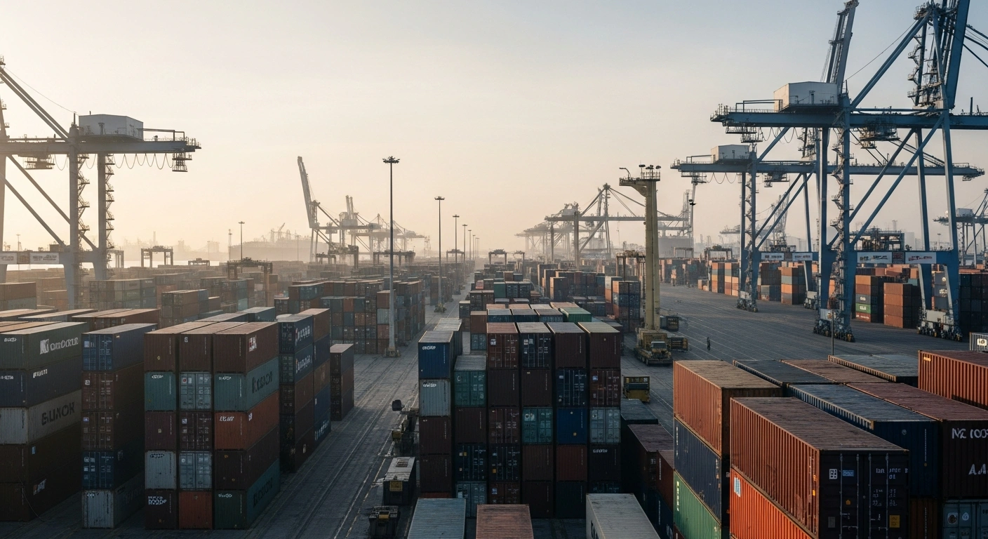 A wide, atmospheric shot of a Brazilian port at dawn, featuring numerous outbound shipping containers and noticeably quieter inbound docks, visually represents Brazil's significant January 2026 trade surplus, primarily driven by reduced imports amidst an economic slowdown.