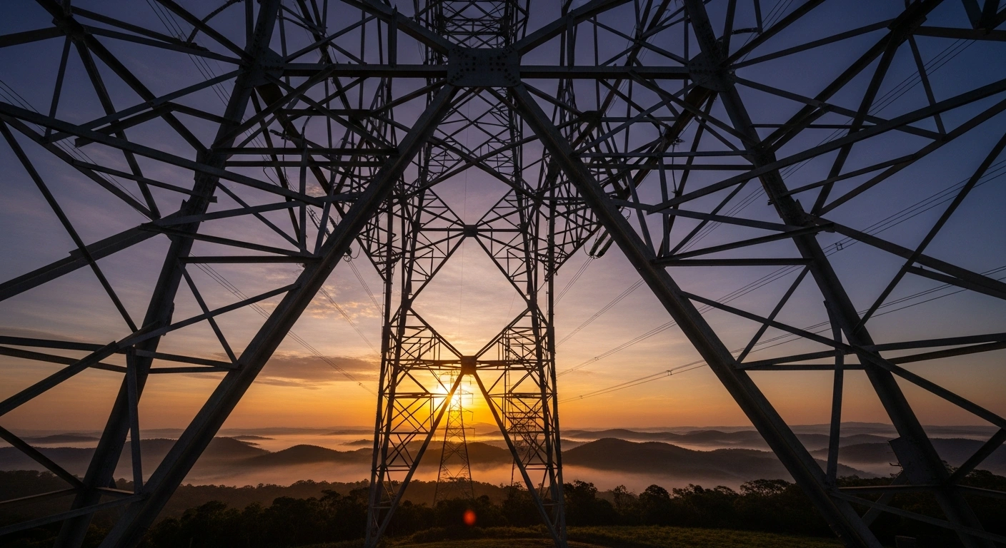 A towering, modern power transmission pylon stands silhouetted against a vibrant Brazilian sunrise, symbolizing the R$5.5 billion investment from Brazil's 2025 power transmission auction and the expansion of the national power grid.