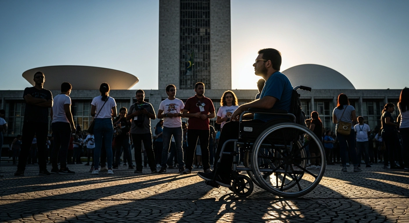 A person in a wheelchair stands apart from a crowd of people in front of a Brazilian government building to represent the exclusion of people with disabilities from the Superior Electoral Court campaign.