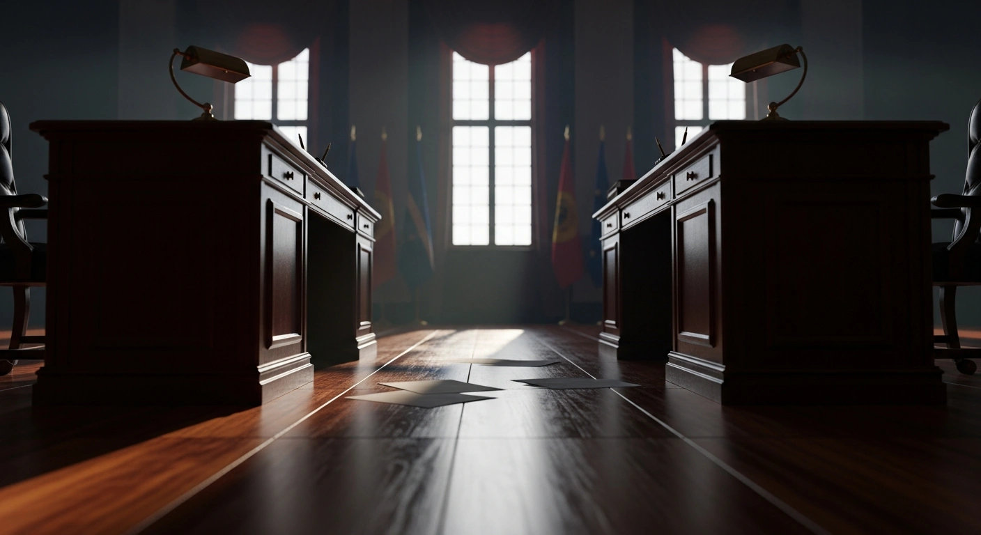 Two empty desks in a formal diplomatic office represent the strained political relations and visa disputes between Brazil and the United States.