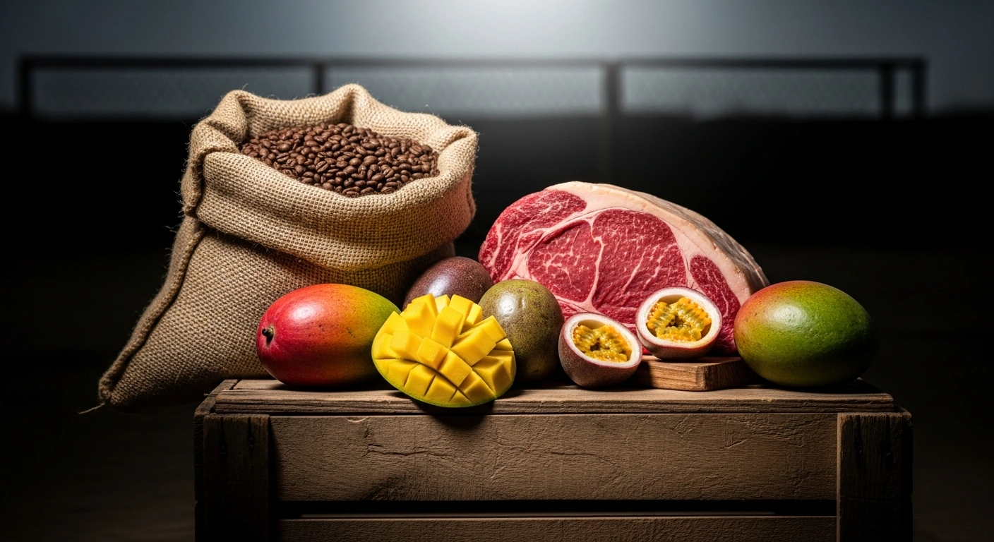 A photorealistic still life featuring a burlap sack of coffee beans, a cut of beef, and vibrant tropical fruits on a wooden crate, visually represents Brazilian exports that continue to face a 40% US tariff, following a reduction from a previous 50% import tax.