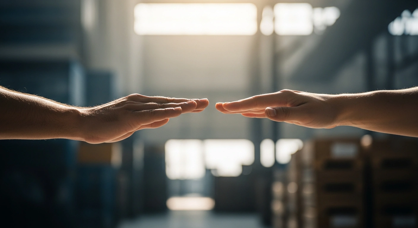 A close-up shot shows two hands, one darker-skinned and one lighter-skinned, gently touching, symbolizing the proposed 90-day freeze on U.S. import duties by Brazil to stabilize supply chains for key exports such as steel, machinery, footwear, pulp, and food products.
