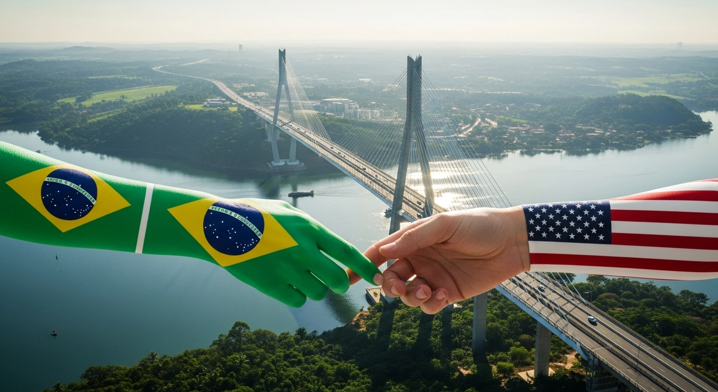 A symbolic image depicting two hands, one representing Brazil and the other the United States, gently clasped over a modern bridge connecting two distinct landmasses, bathed in the light of a rising sun, symbolizing the proposed 90-day freeze on U.S. import duties and easing trade tensions to stabilize supply chains for Brazilian exports.