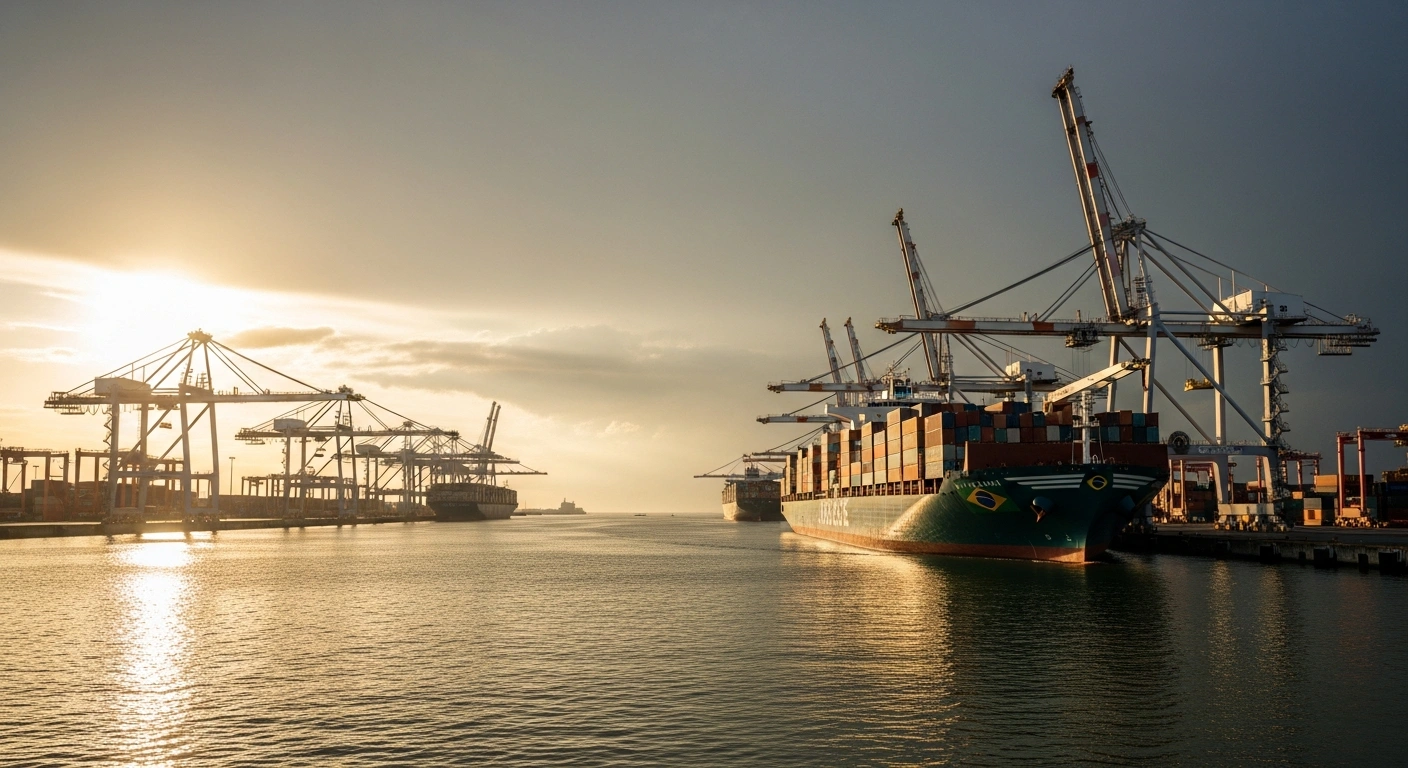 A large cargo ship, possibly Brazilian, approaches a bustling US port under a warm, golden hour sky, symbolizing easing trade tensions and stabilizing supply chains between Brazil and the United States after a proposed freeze on import duties.