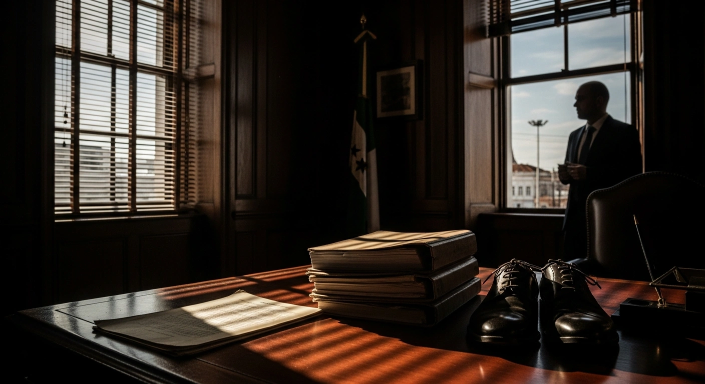 A dimly lit government office in Brazil contains legal documents related to the investigation of the vice-mayor of Trajano de Moraes for a fraudulent marriage scheme.