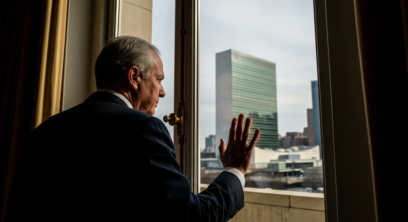 A distinguished man, symbolizing Brazil's Health Minister Alexandre Padilha, stands looking out a window at the United Nations headquarters, representing the US visa restrictions that limited his movement and led to a diplomatic dispute, prompting Brazil's Foreign Minister Mauro Vieira to request UN intervention.