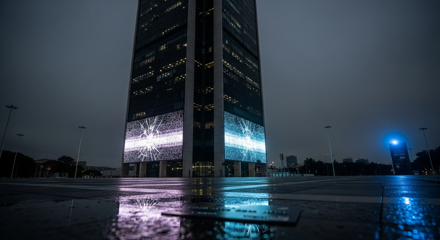 A wide, low-angle shot of a dark, inert digital bank building with fractured screens, casting long shadows over a deserted plaza where a shattered credit card lies on damp pavement, symbolizing the extrajudicial liquidation of Will Bank by the Central Bank of Brazil due to insolvency and failure to meet Mastercard obligations.
