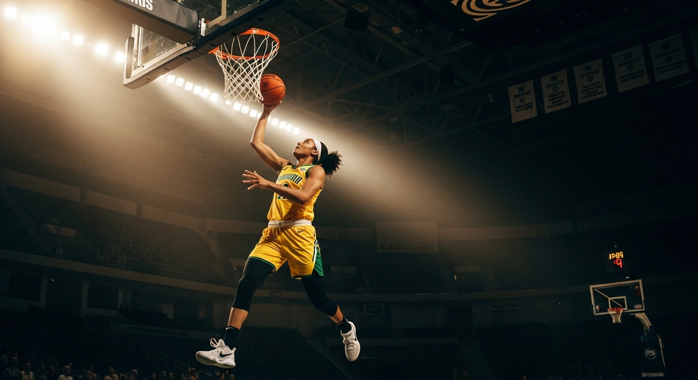 A Brazilian women's national basketball player in a yellow and green uniform performs a layup during a competitive qualifying game to secure a spot in the 2027 FIBA AmeriCup.